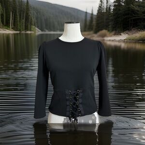 Womens Express Sz M Corset Crop Blouse Puff Shoulder 3/4 Sleeve Lace Up Waist
